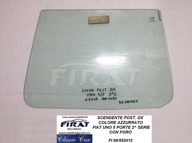 VETRO SCENDENTE FIAT UNO 5 PORTE 2^ SERIE POST.DX AZZURRATO